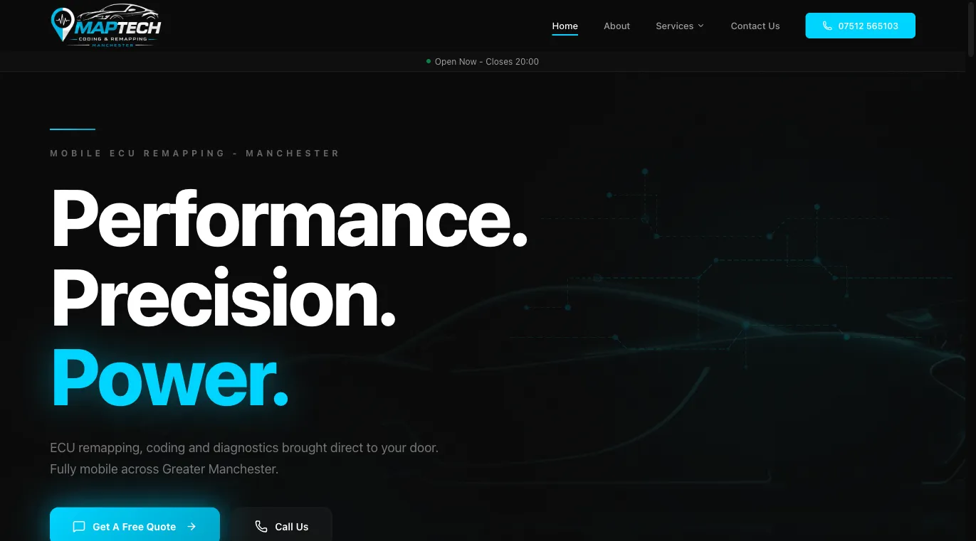 MapTech homepage hero - Performance. Precision. Power. Dark theme with animated circuit-board design and cyan accents